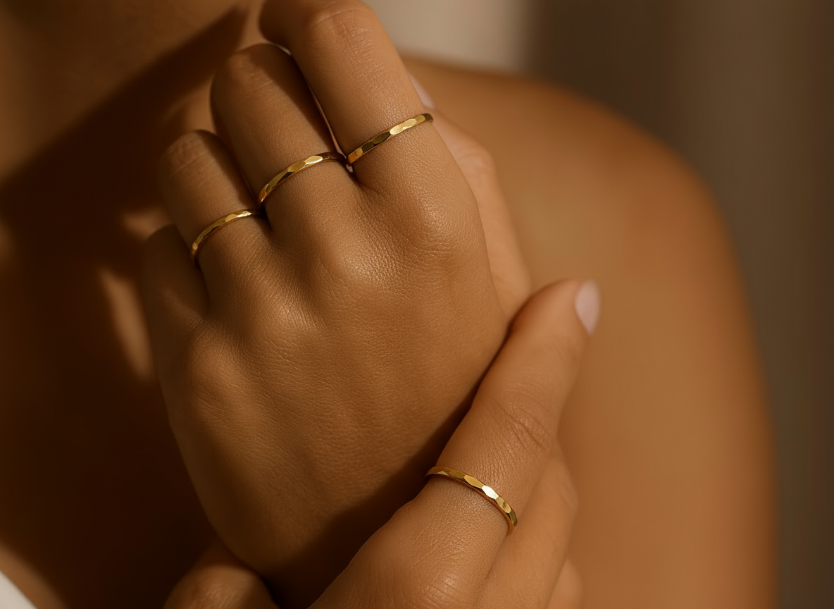 5 Fine Hammered Rings Stack 5 Rings 18k Gold Plated