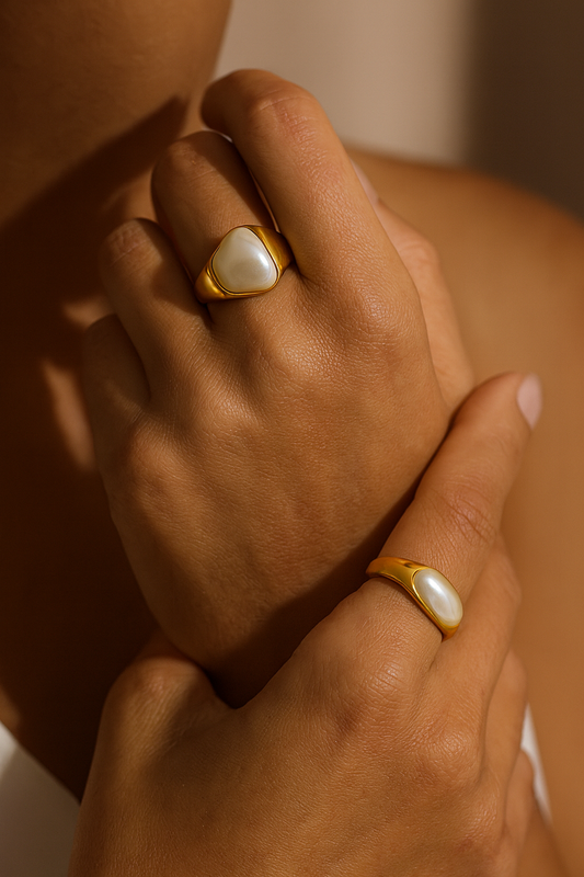 Chunky Organic Faux Pearl Ring 18k Gold Waterproof PVD