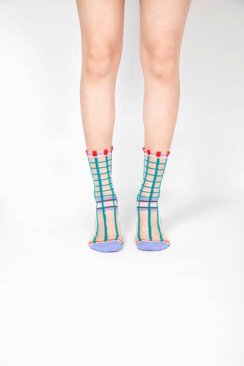 Grids with Polka Dots Sheer Socks - Teal green