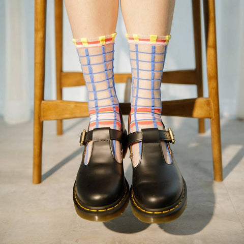 Grids with Polka Dots Sheer Socks - Blue