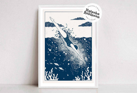 Into the Deep - Wild Sea Swimming Blue Wall Art Print - KOLAB by Makers Quarter