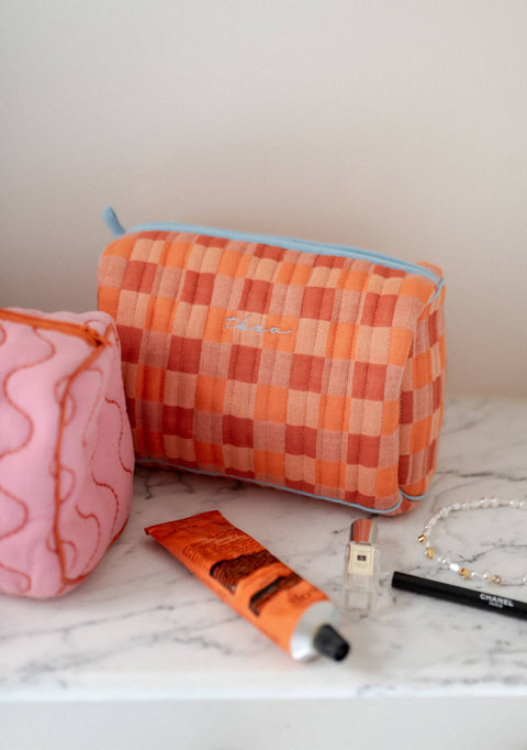 Cotton Wash Bag in Apricot Checkerboard - KOLAB by Makers Quarter