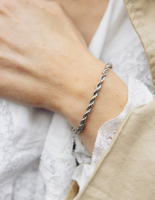 Silver 4mm Rope Twist Bracelet, Waterproof
