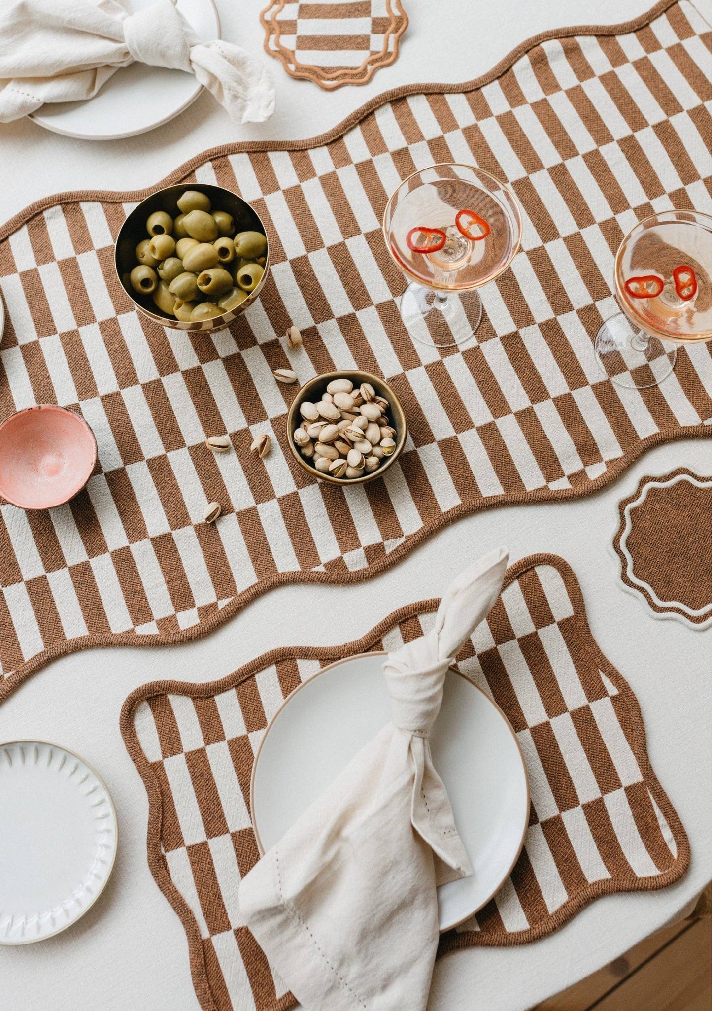 Cotton Table Runner in Camel Coloured Checkerboard