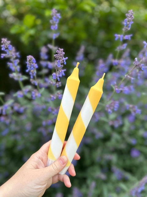 Butter Yellow & White Candy Cane Stripe Hand Dipped Candles  - KOLAB by Makers Quarter