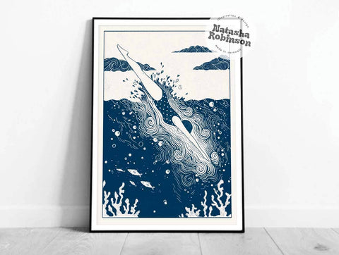 Into the Deep - Wild Sea Swimming Blue Wall Art Print - KOLAB by Makers Quarter