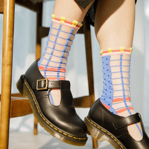 Grids with Polka Dots Sheer Socks - Blue