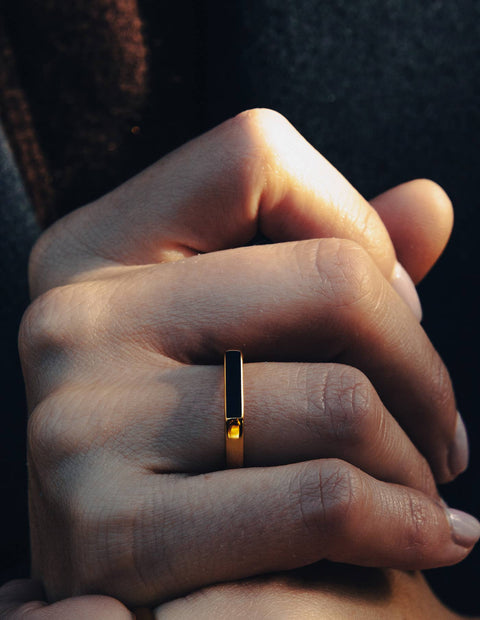 Gold Flat Black Stone Ring, Waterproof