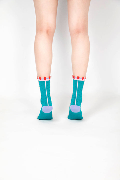 Grids with Polka Dots Sheer Socks - Teal green