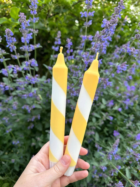Butter Yellow & White Candy Cane Stripe Hand Dipped Candles  - KOLAB by Makers Quarter