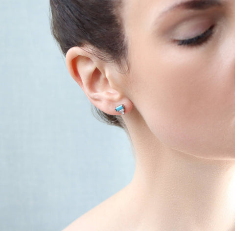 Art Deco Sterling Silver Turquoise Pyramid Stud Earrings