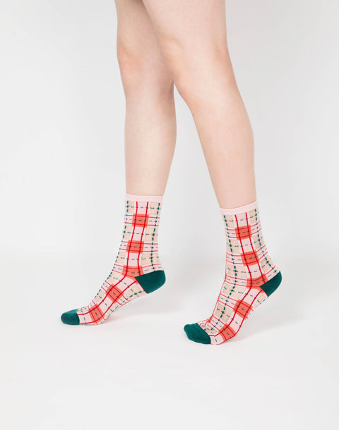 Tartan Sheer Socks - Pink and Peach