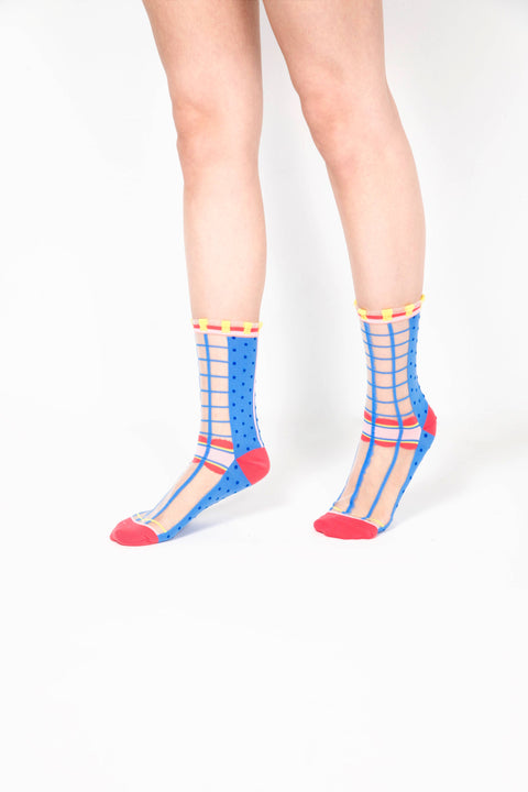 Grids with Polka Dots Sheer Socks - Blue