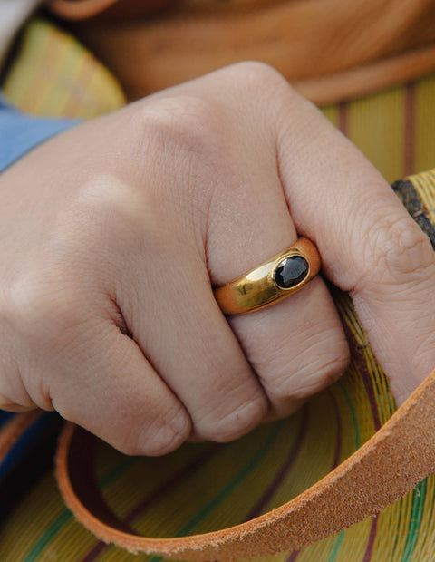 Gold Black Onyx Stone Ring, Waterproof