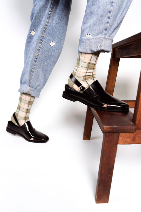 Tartan Sheer Socks - Sage Green