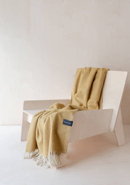 Large Wool Blanket in Mustard Herringbone