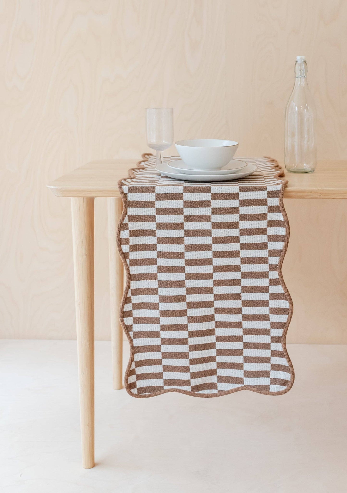 Cotton Table Runner in Camel Coloured Checkerboard