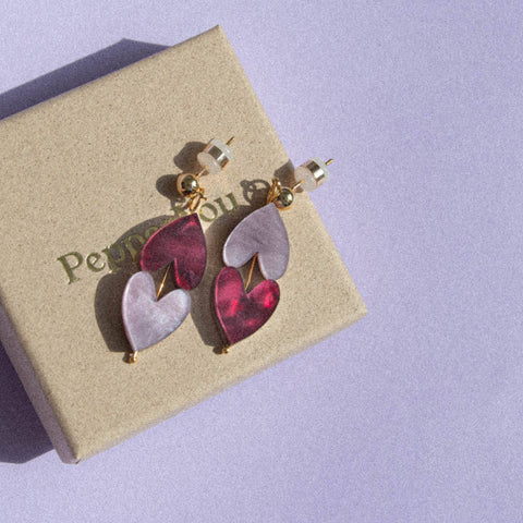 Queen of Hearts Drop Earrings in Merlot Red & Lilac Marble